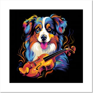 Australian Shepherd Playing Violin Posters and Art